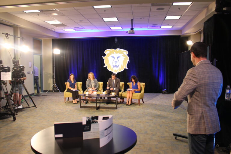 Behind the scenes shot while filming the judges for the 2017 LiONS LAIR. In the photo are: Ruth Todd, Michael Macaluso, Julie Ellis, and Dilys D'Cruz