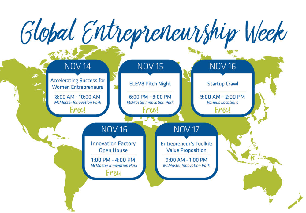 Global Entrepreneurship Week graphic. November 14: Accelerating Success for Woman Entrepreneurs 8am-10am at McMaster Innovation Park. Free admission November 15: ELEV8 (Elevate) Pitch night 6pm-9pm at McMaster Innovation Park. Free admission November 16: Startup Crawl 9am-2pm at various locations. Free admission November 16: Innovation Factory open house 1pm-4pm at McMaster Innovation Park. Free admission November 17: Entrepreneur's Toolkit: Value Proposition 9am-1pm at McMaster Innovation Park