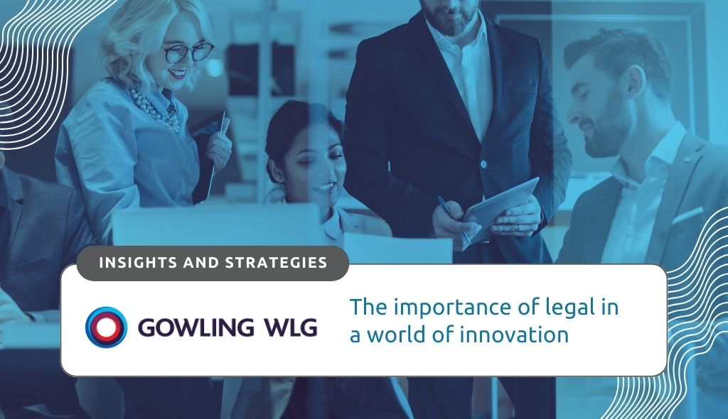 The importance of legal in a world of innovation. Background image of diverse innovators consulting a legal professional in an office meeting.