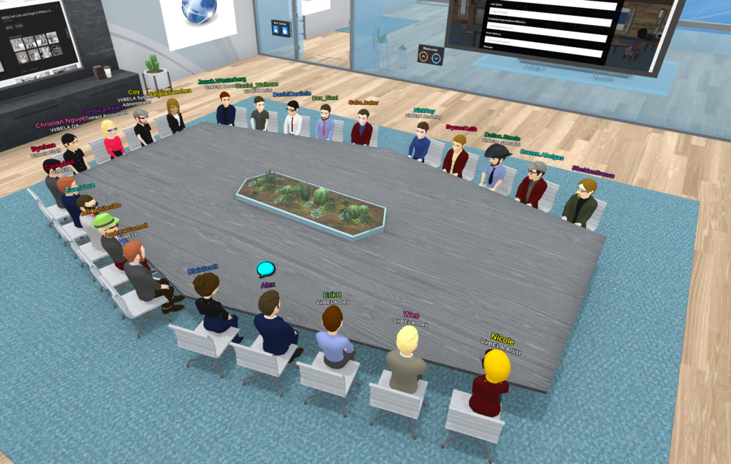 The Vibela team sitting around a conference table in a virtual work environment.