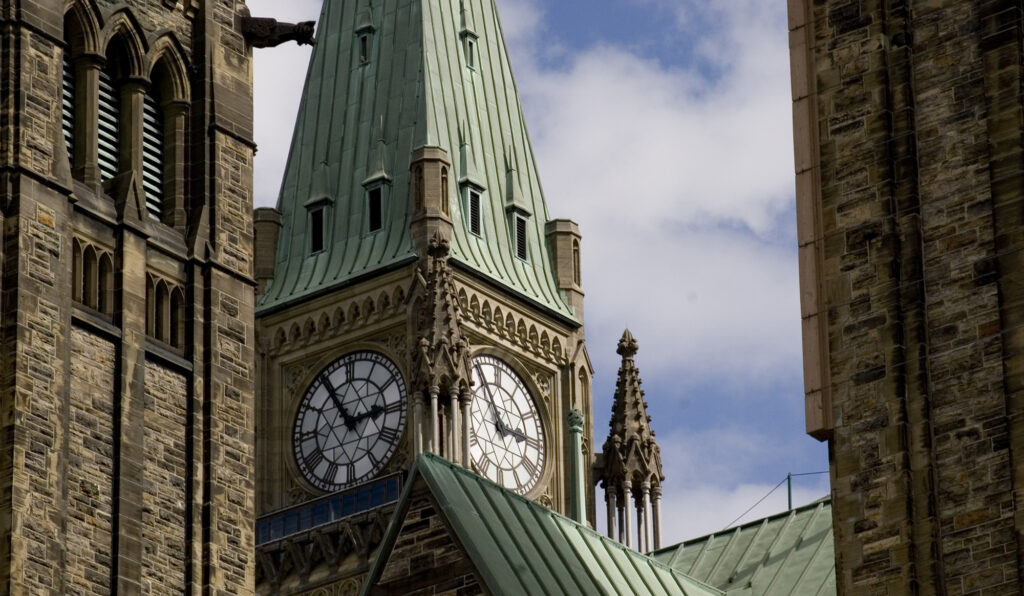 Shot of the Peace Tower, part of the main block of Canada's parliament buildings in Ottawa.