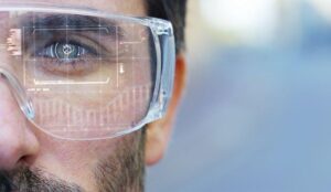 A rendering of Augmented Reality safety glasses that incorporates thermal imaging, designed by Longan Vision