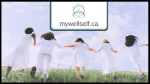Promotional material for MyWellSelf showing five individuals wearing all white, holding hands and running through an open field on a cloudy day