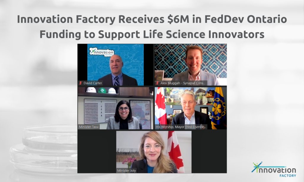 CEO of Innovation Factory David Carter, Director of Synapse Consortium Alex Muggah, Minister Filomena Tassi, former Hamilton Mayor Fred Eisenberger and Minister Melanie Joly on a zoom call after receiving $6 million in FedDev funding for life science innovators