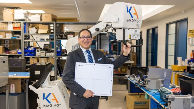 Amol Karnick, CEO of KA Imaging shows off their X-ray detector