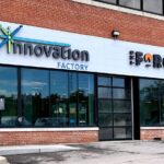Front door entrance to Innovation Factory's Hamilton office space, shared with The Forge. Innovation Factory is a business accelerator that helps catalyze tech innovation in Southern Ontario.