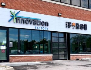 Front door entrance to Innovation Factory's Hamilton office space, shared with The Forge. Innovation Factory is a business accelerator that helps catalyze tech innovation in Southern Ontario.