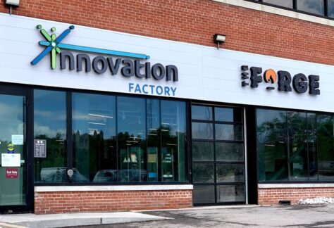 Front door entrance to Innovation Factory's Hamilton office space, shared with The Forge. Innovation Factory is a business accelerator that helps catalyze tech innovation in Southern Ontario.