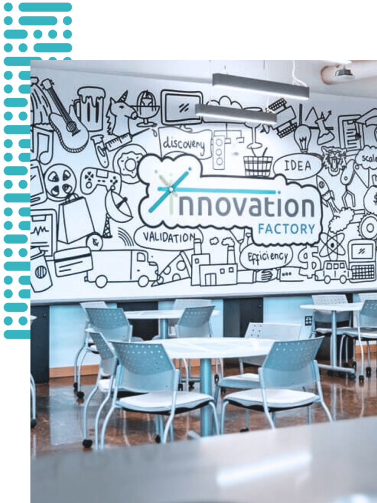 Innovation Factory Hamilton office event space with illustrative mural wall.