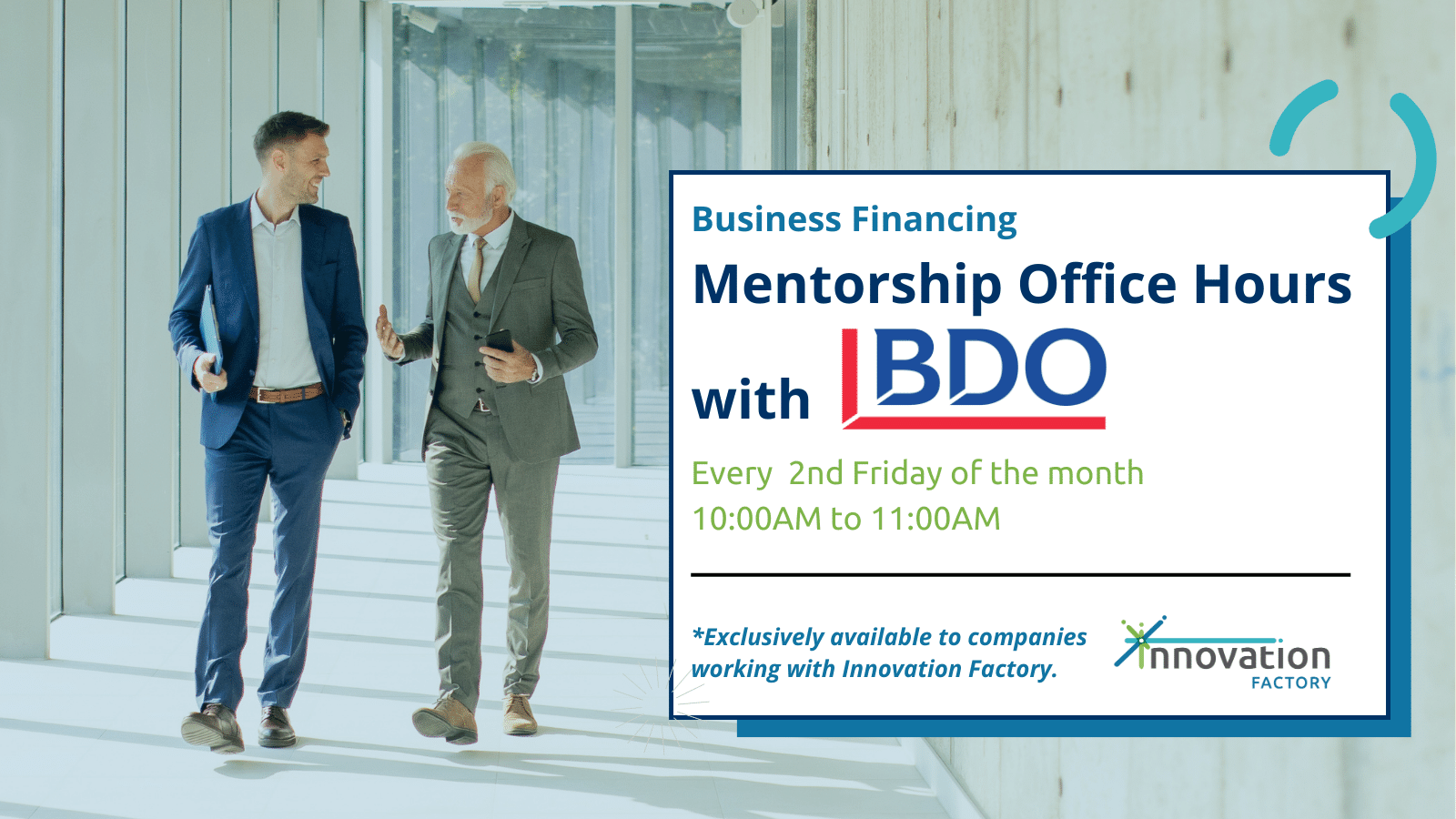 Business Financing mentorship office hours for startups and entrepreneurs with BDO