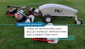 Tired of Retrieving Golf Balls? Korechi Innovations has a Robot For That. Close-up image of Korechi Innovations Pik'r robot on a golf course.