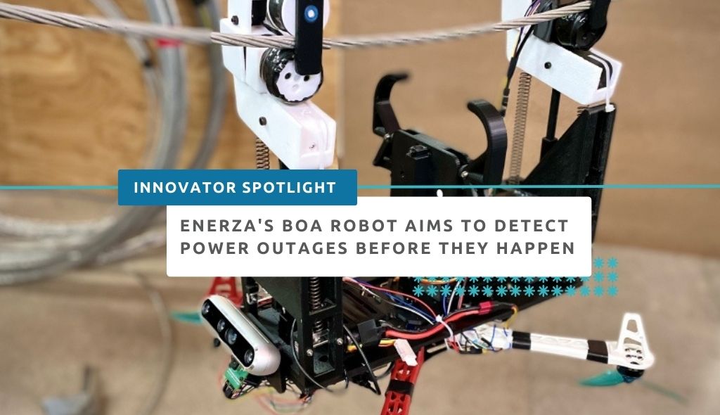 Enerza's BOA robot aims to detect power outages before they happen. Photo of BOA, a beetle-like robot traversing power cable.