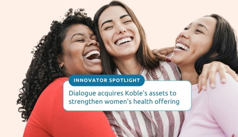 Dialogue acquires Koble. Background image of diverse group of women hugging and smiling.