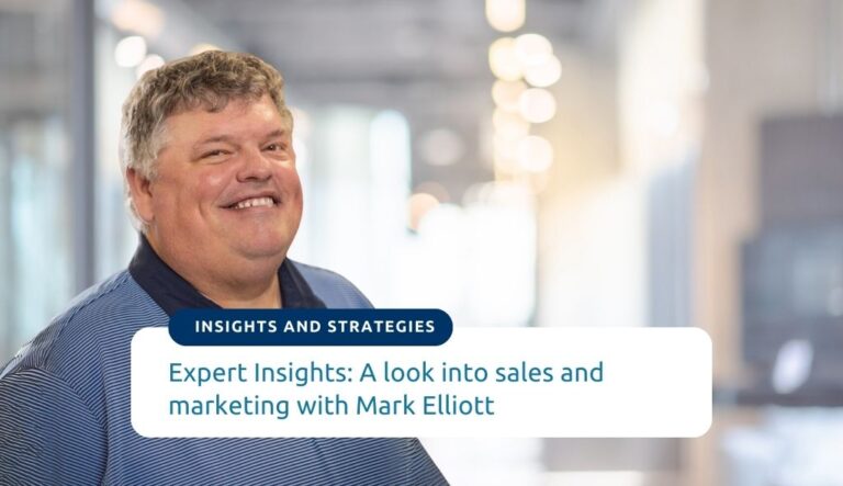 Expert Insights: A look into sales and marketing with Mark Elliott. Background photo is photo is Expert Advisor Mark Elliott in Innovation Factory's Hamilton office.