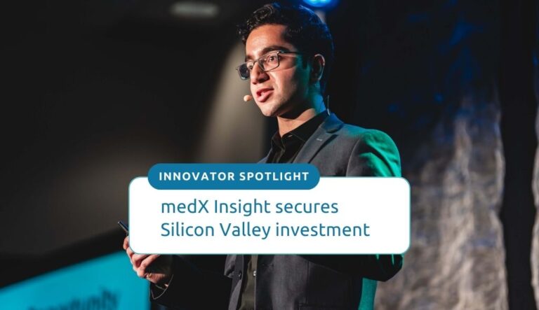 medX Insight CEO Shreyas Suri delivering a presentation. Text: medX Insight secures Silicon Valley investment.