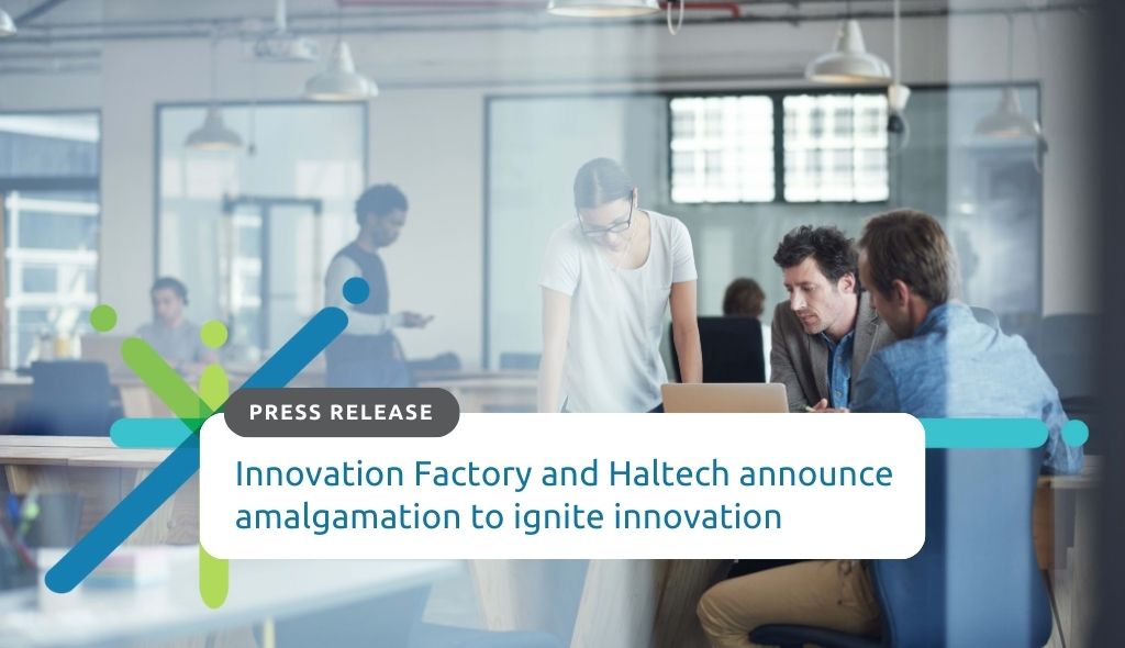 Innovation Factory and Haltech announce amalgamation to ignite innovation. Background image of a coworking office space with a diverse, busy team of entrepreneurs.