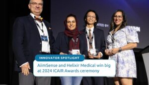 KITE Director Dr. Milos R. Popovic, left, with the winners of the Power Play Innovative Start-up Competition: AiimSense CEO Atefeh Zarabadi, Dynamic Memory Solutions Inc. Chief Science and Product Officer Bryan Hong, and Cove Neurosciences Inc. CEO Nardin Samuel.