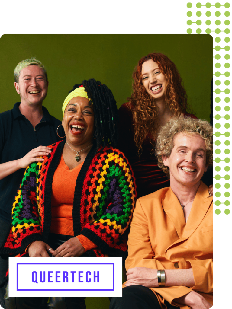 A group of diverse 2slgbtqia+ entrepreneurs smiling and laughing as they pose for a photo against a green background. The QueerTech logo is displayed in the bottom left corner.