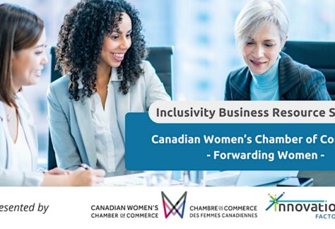 Inclusivity Series: Canadian Women’s Chamber of Commerce - Forwarding Women Background image of a diverse group of business women sitting down for a meeting in an office setting.