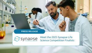 Meet the 2025 Synapse Life Science Competition Finalists. Background image showcasing a medical technology innovator working with a life sciences student in a lab environment.