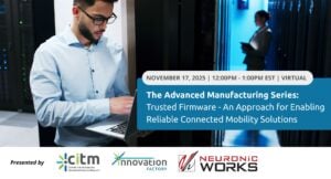 The Advanced Manufacturing Series: Trusted Firmware - Enabling Reliable Connected Mobility Solutions A tech developer is working on updating firmware in a server room.