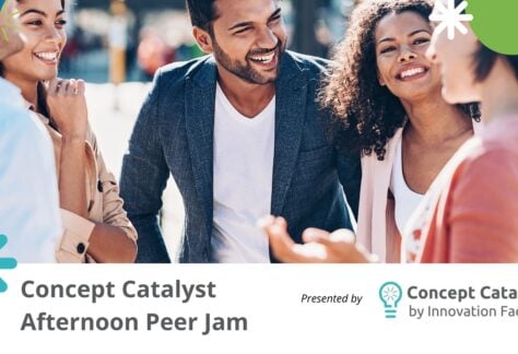 Diverse group of innovators chatting at the Concept Catalyst Peer Jam