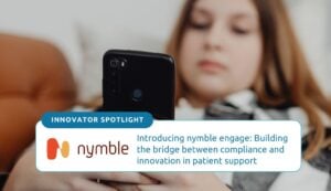 Person looking at app on phone while laying on couch. Introducing nymble engage: Building the Bridge Between Compliance and Innovation in Patient Support