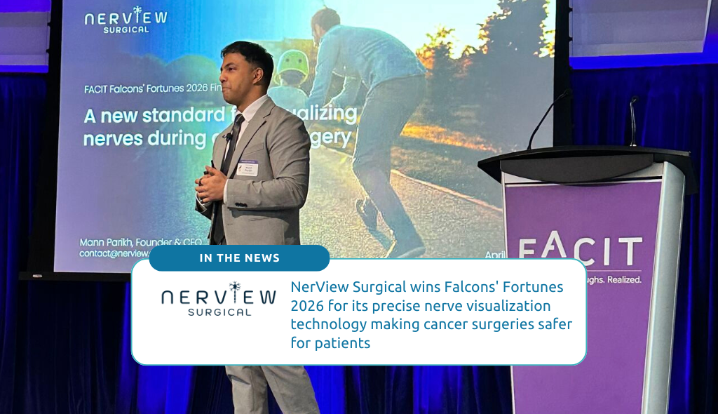 Mann Parikh, Founder and CEO of NerView Surgical, pitching at FACIT's Falcons' Fortunes 2026 pitch competition